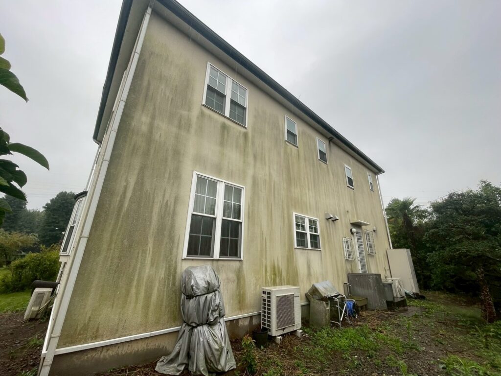 家の背面は紫外線や雨風などによる影響で塗装が劣化し、全体的に苔が発生していました。