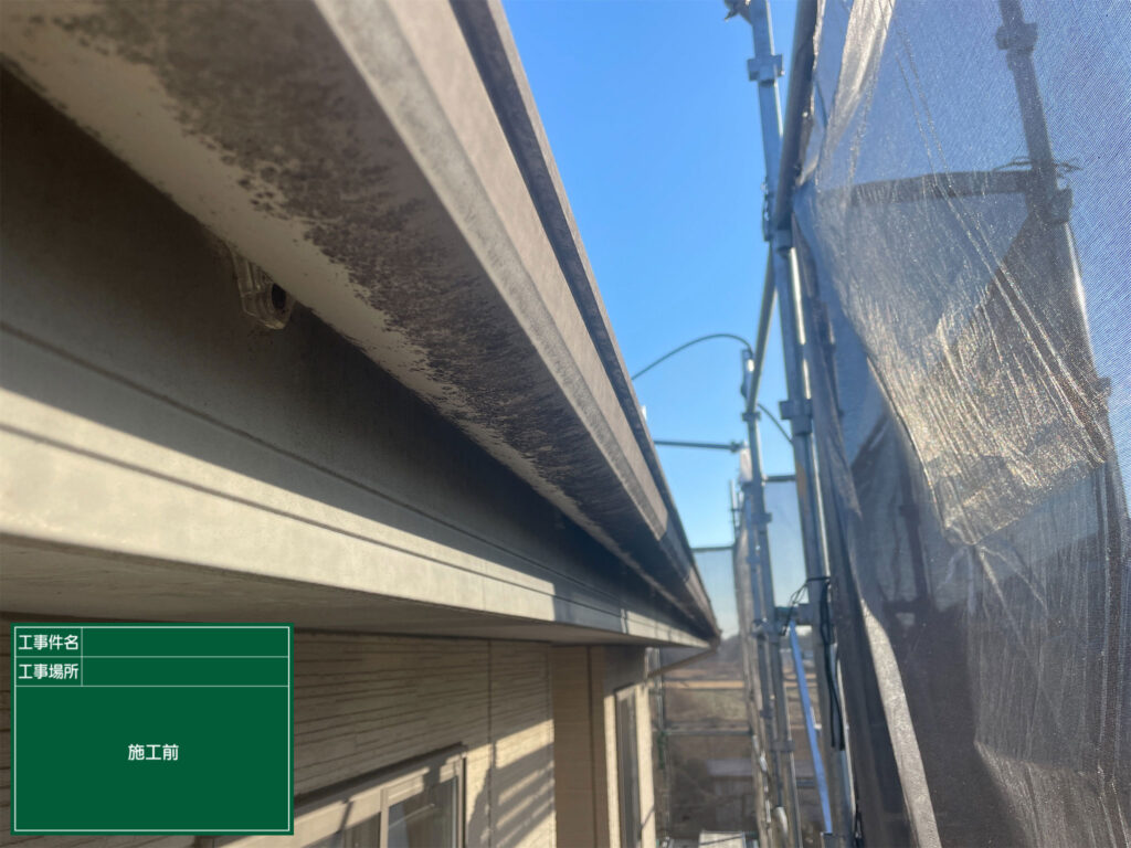 鼻隠しと雨樋です。雨樋はコーティングが落ちて、錆びて劣化しているのが分かります。