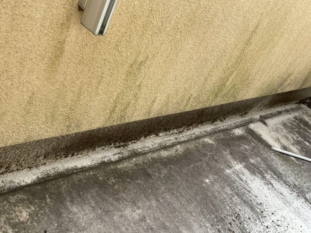 トップコート（塗装）が剥がれて防水層がなくなり、下地が一部露出しています。
